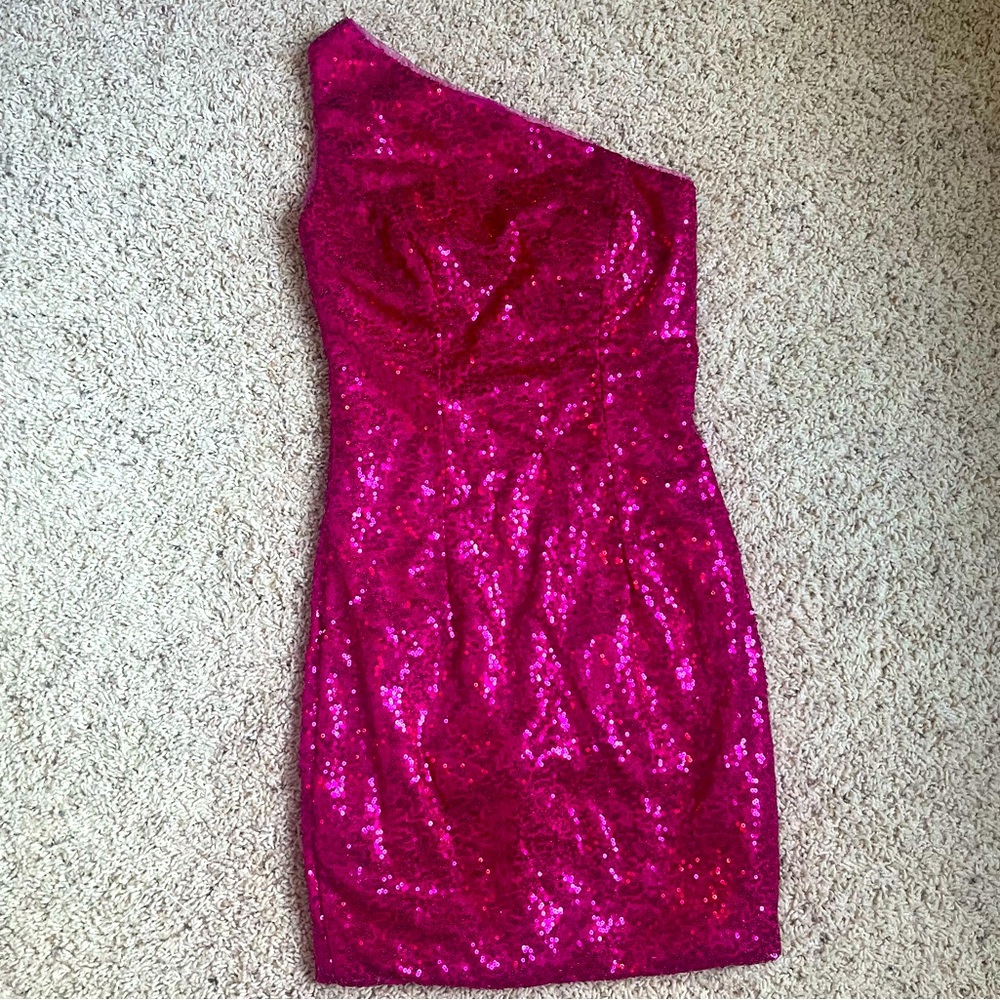 Pink Sequin One Shoulder Dress Size Small - Picture 2 of 6